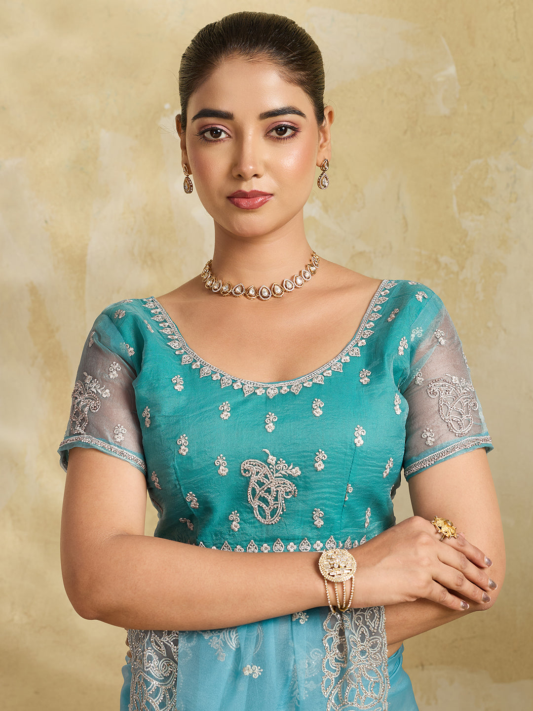 Sky Blue Net Saree with Silver Floral Paisley Embroidery