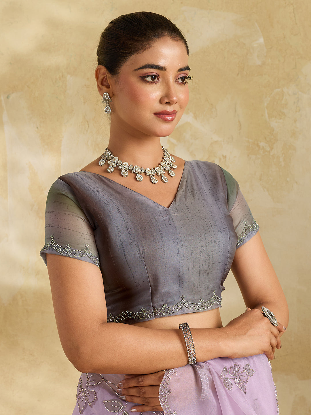 Lilac Organza Saree with Floral Print with Stone Work