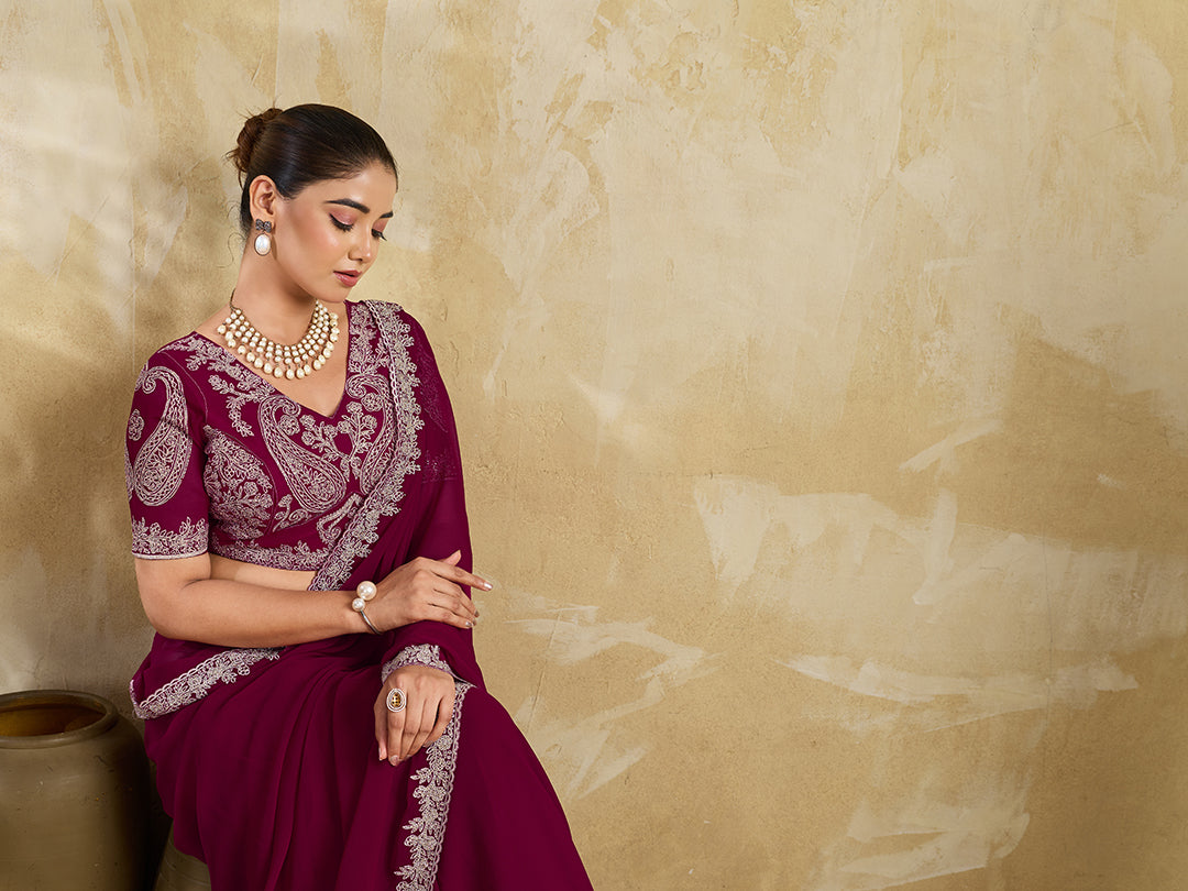 Wine Purple Georgette Saree with Silver Zari Floral Embroidery and Matching Blouse