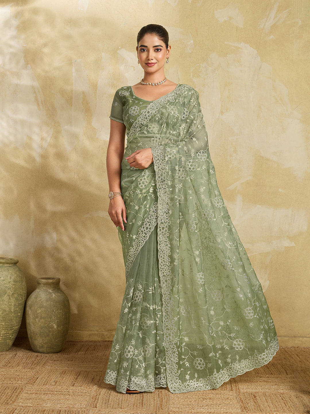 Pista Green Net Saree with Silver Floral Thread Embroidery