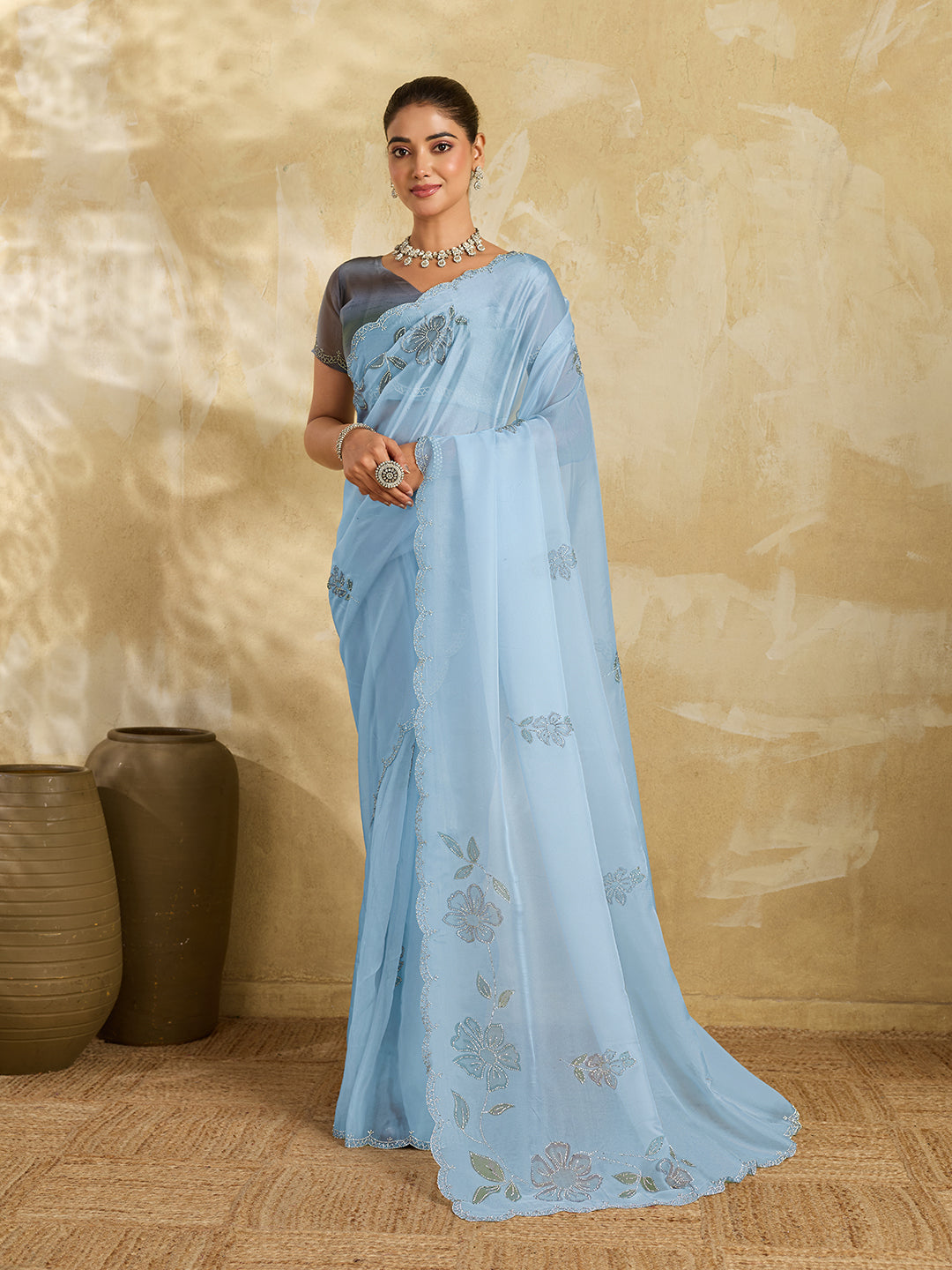 Sky Blue  Organza Saree with Floral Print with Stone Work (Copy)