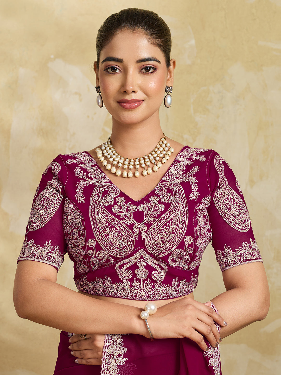 Wine Purple Georgette Saree with Silver Zari Floral Embroidery and Matching Blouse