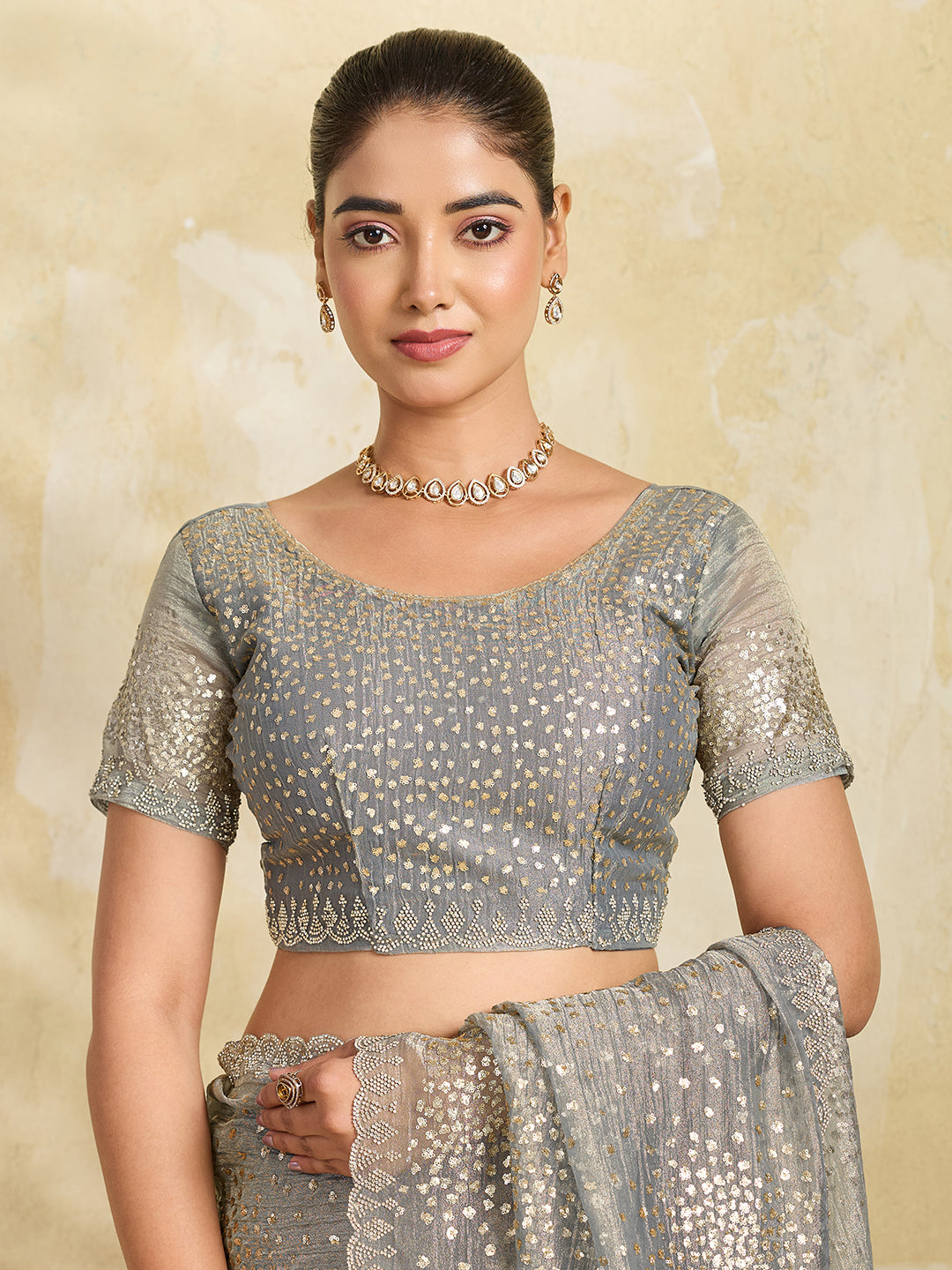 Grey Net Saree with Gold Sequin Geometric Embroidery
