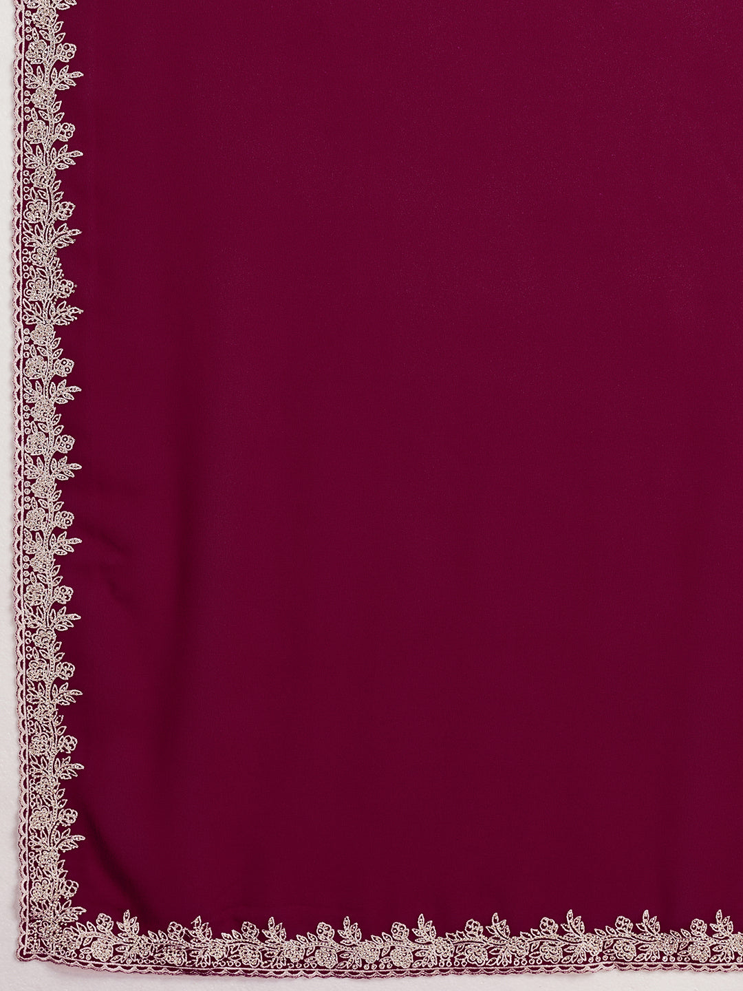 Wine Purple Georgette Saree with Silver Zari Floral Embroidery and Matching Blouse