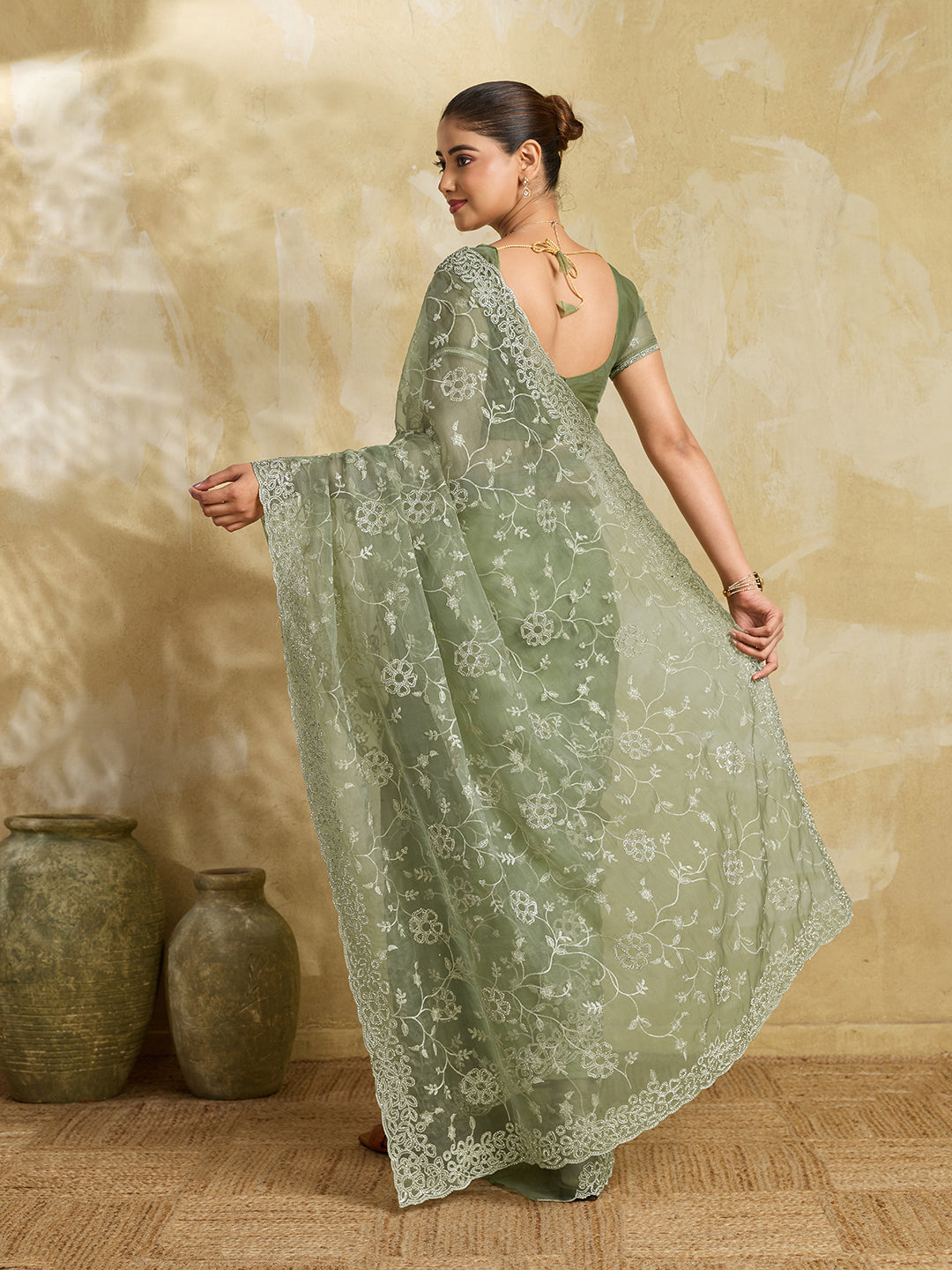Pista Green Net Saree with Silver Floral Thread Embroidery