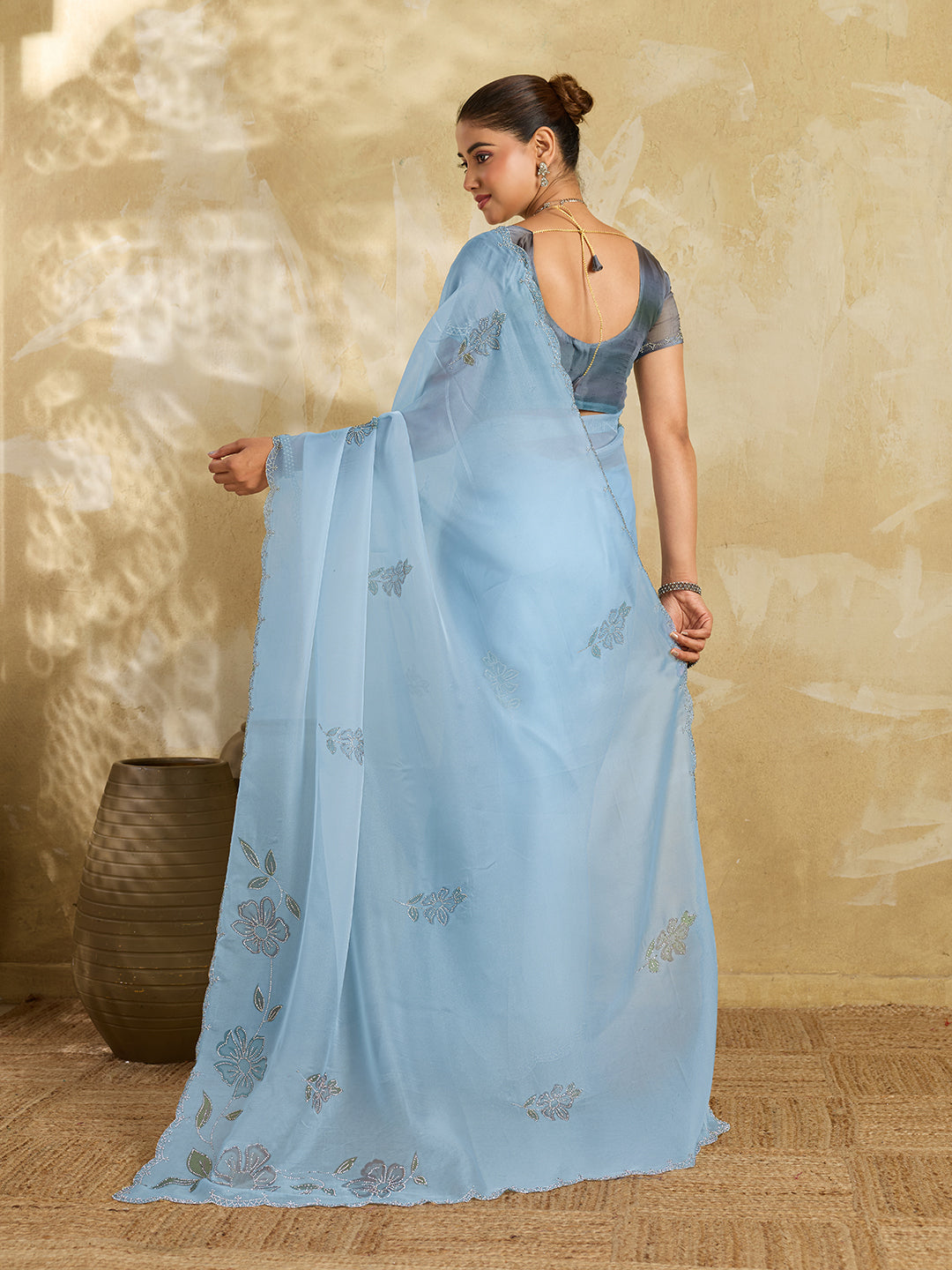 Sky Blue  Organza Saree with Floral Print with Stone Work (Copy)