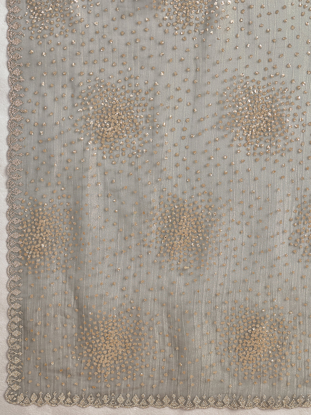 Grey Net Saree with Gold Sequin Geometric Embroidery