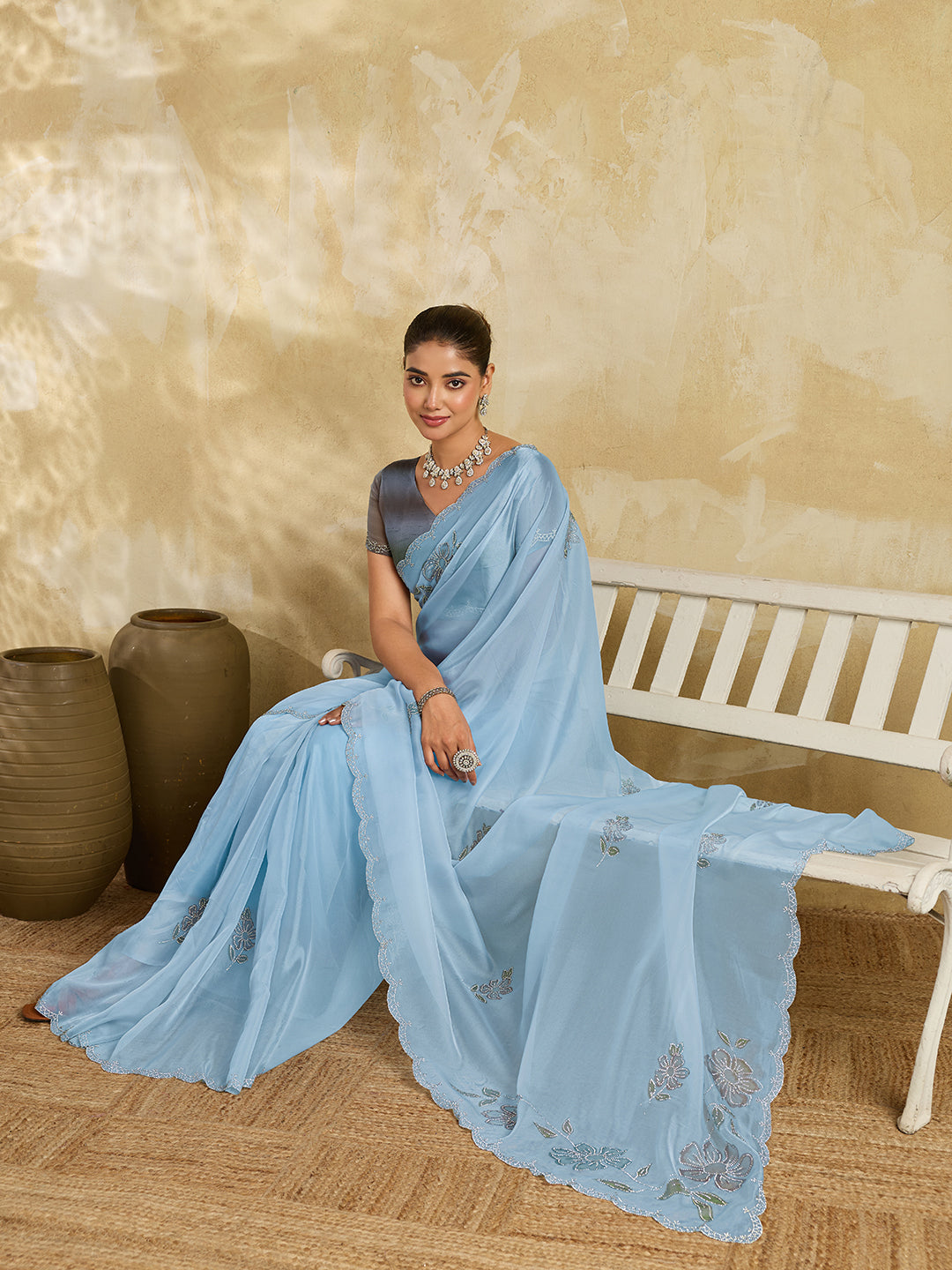 Sky Blue  Organza Saree with Floral Print with Stone Work (Copy)
