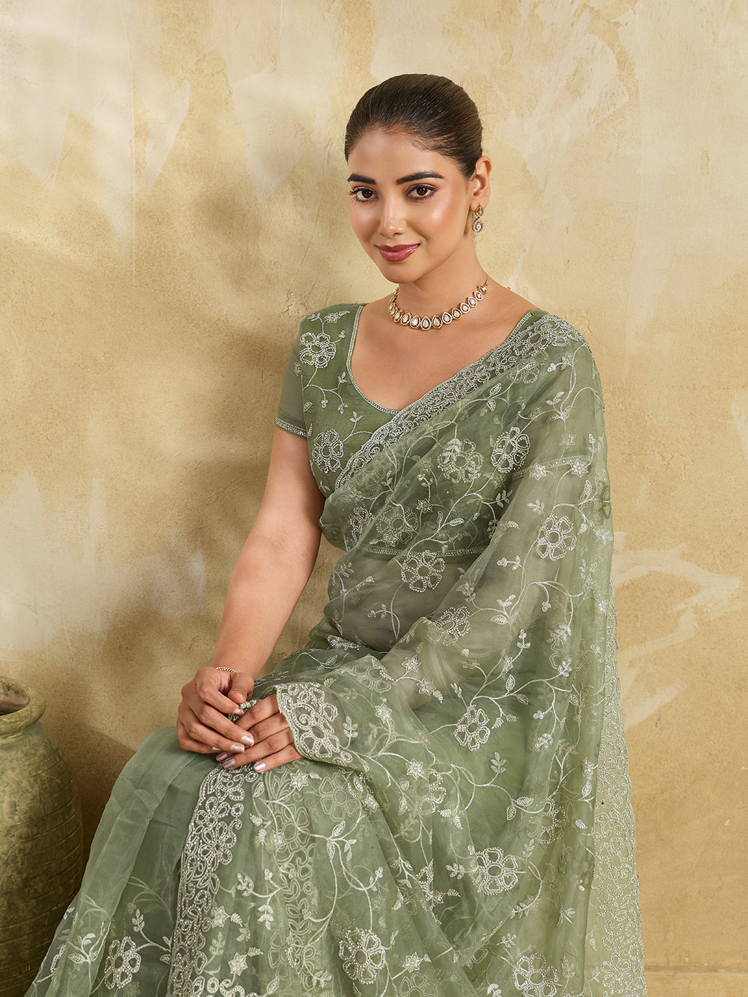 Pista Green Net Saree with Silver Floral Thread Embroidery