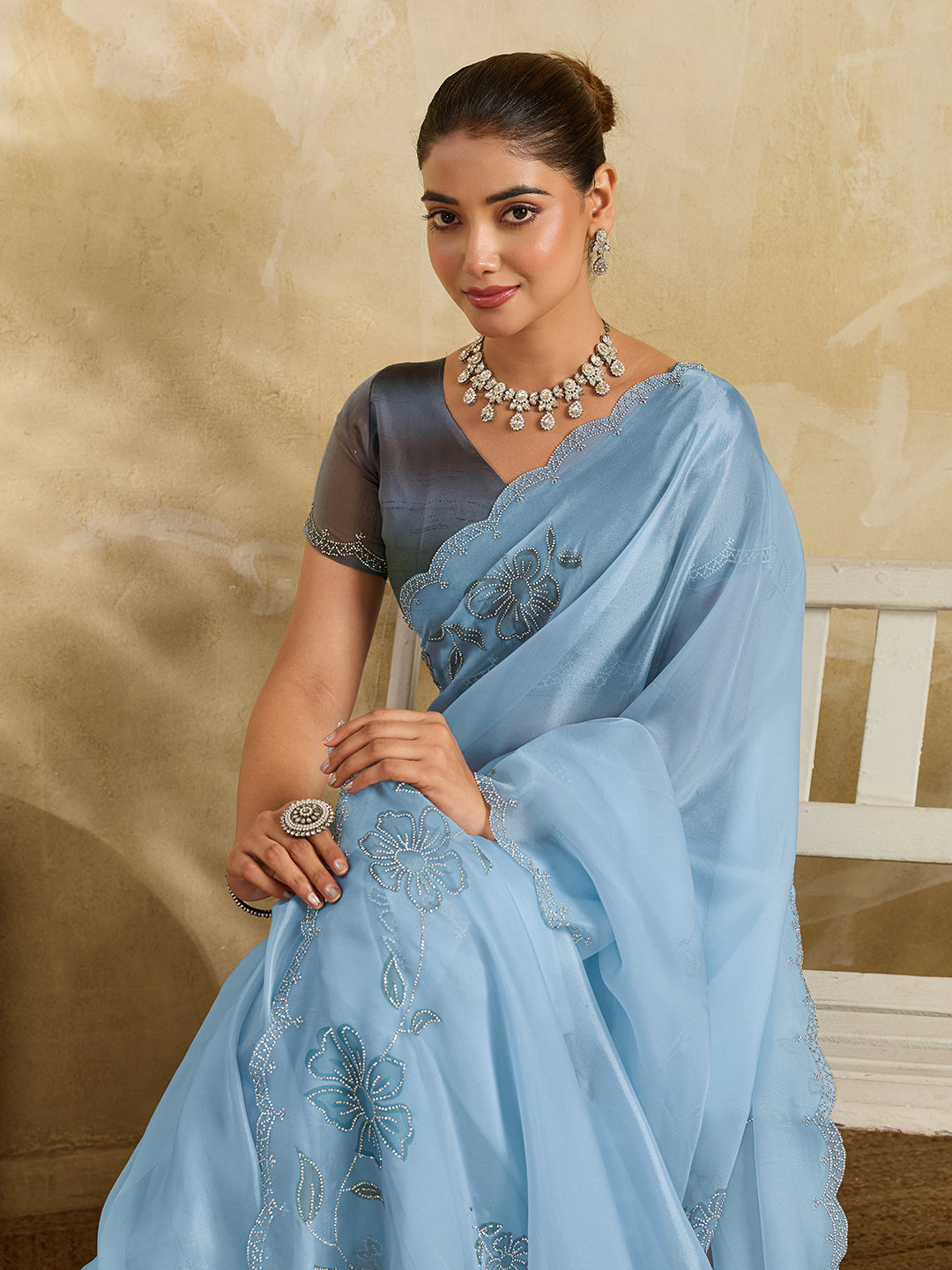 Sky Blue  Organza Saree with Floral Print with Stone Work (Copy)