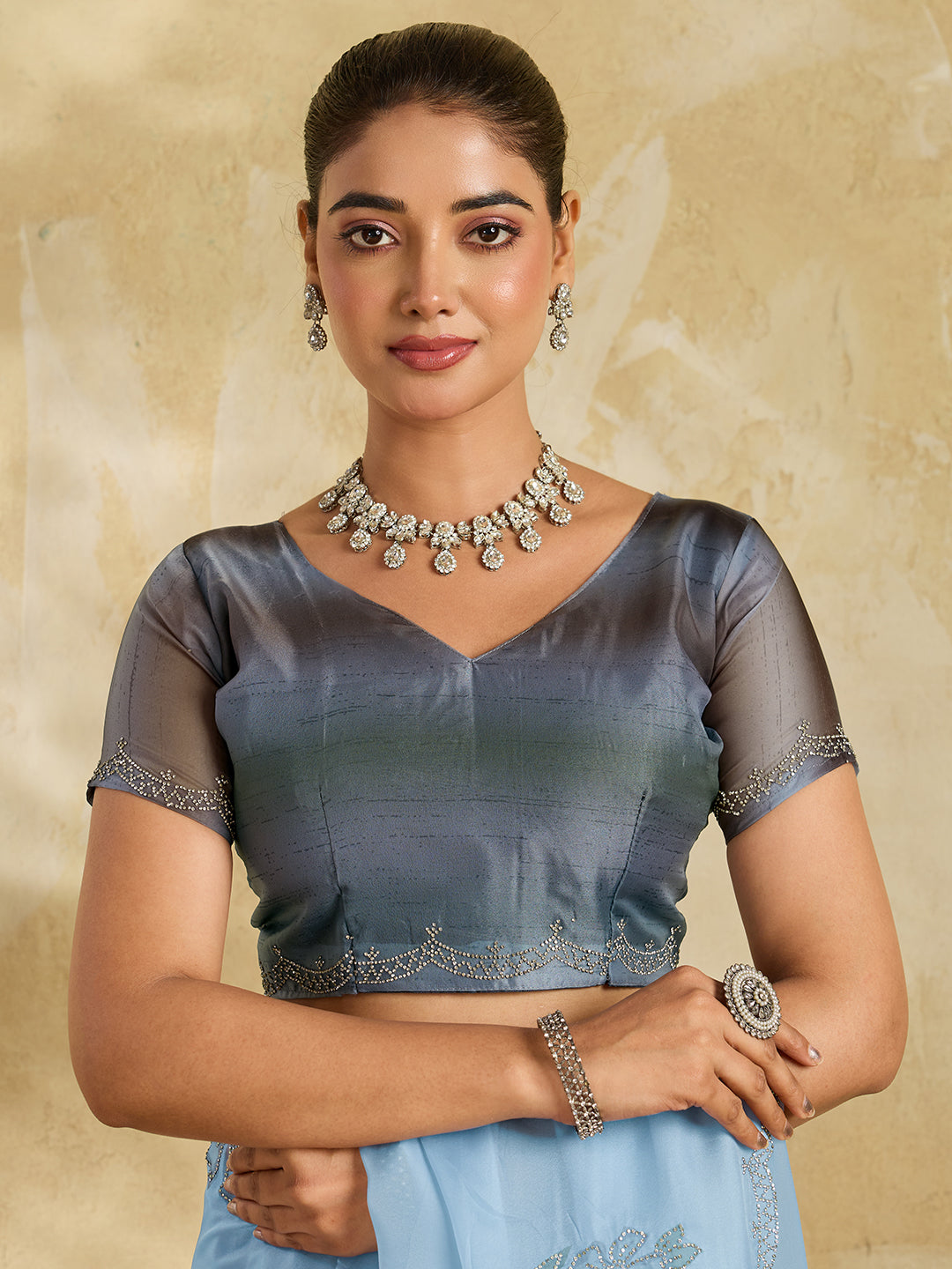 Sky Blue  Organza Saree with Floral Print with Stone Work (Copy)