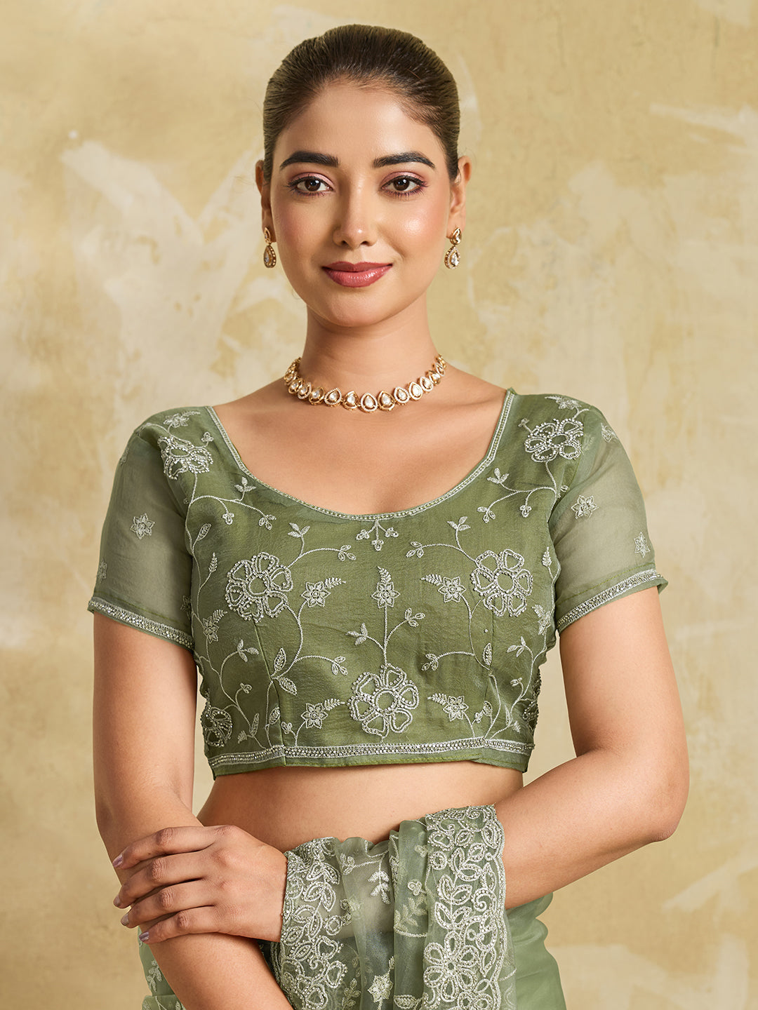 Pista Green Net Saree with Silver Floral Thread Embroidery