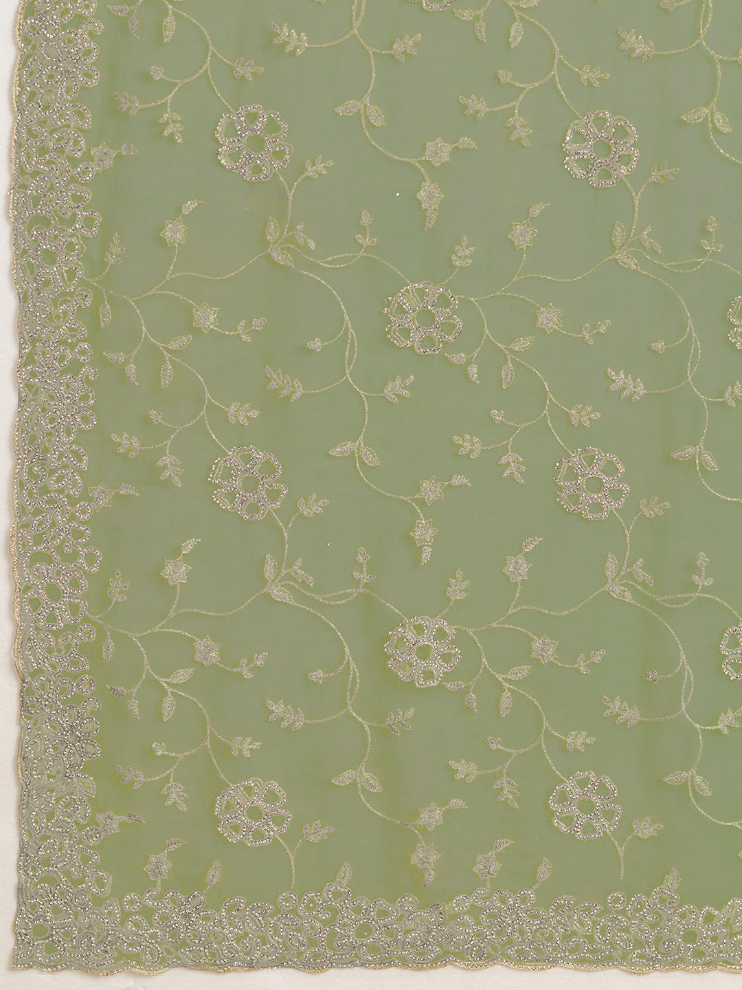 Pista Green Net Saree with Silver Floral Thread Embroidery