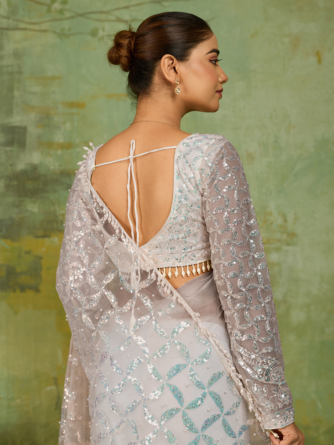 Off White Net Saree with Silver Sequin Geometric Embroidery