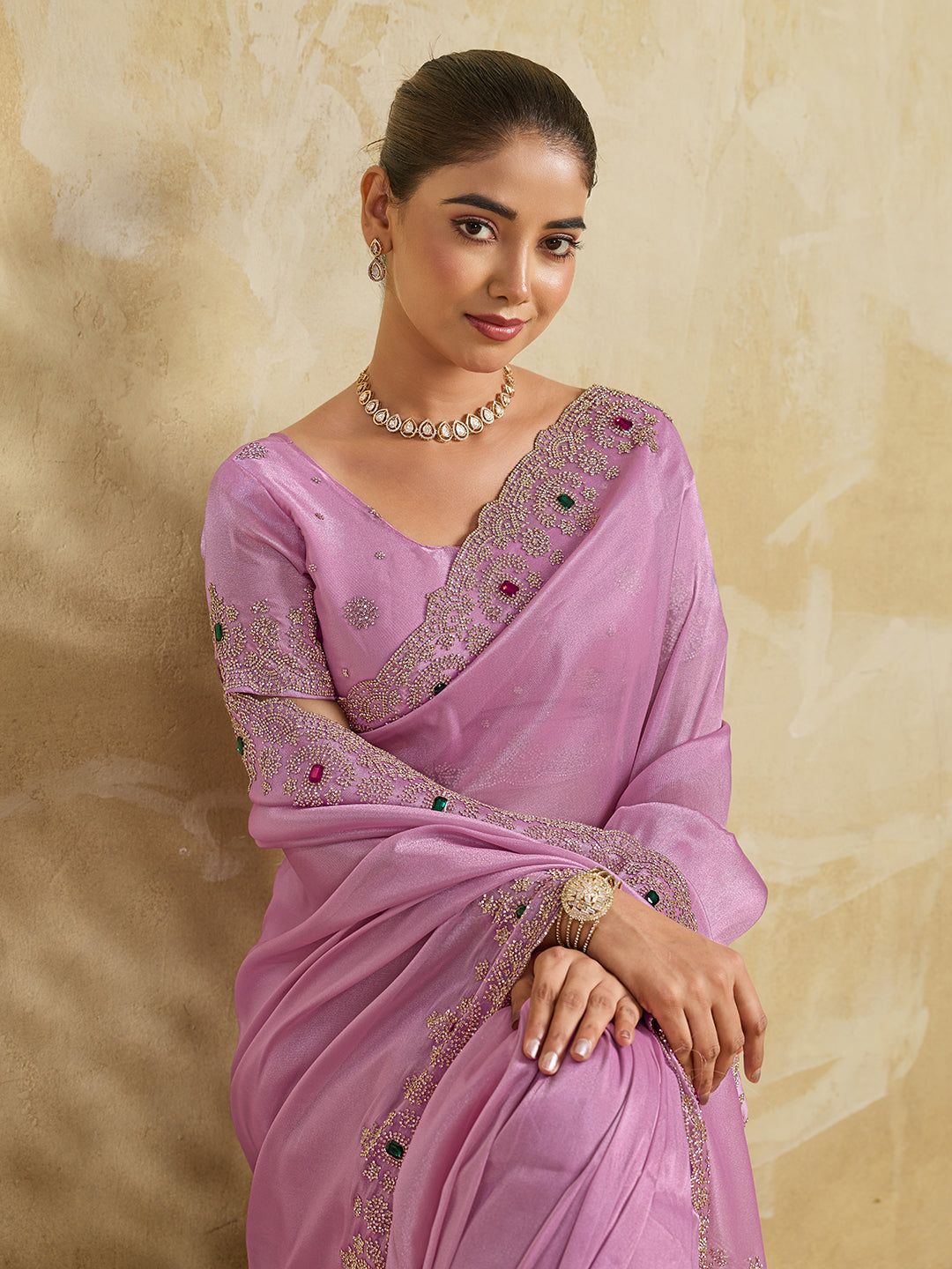 Lavender Pink Satin Saree with Multicolor Stone Embroidered Border