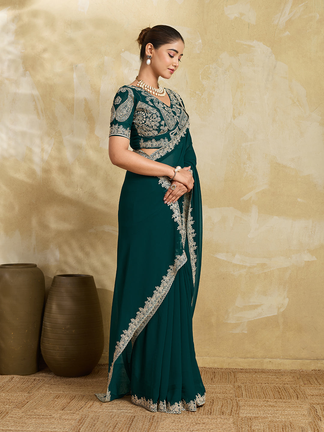 Rama Green Georgette Saree with Silver Zari Floral Embroidery and Matching Blouse