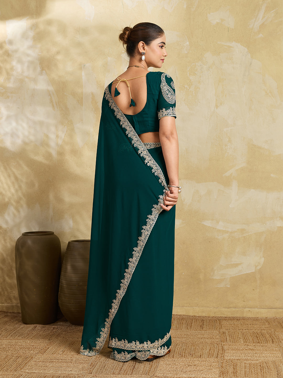 Rama Green Georgette Saree with Silver Zari Floral Embroidery and Matching Blouse