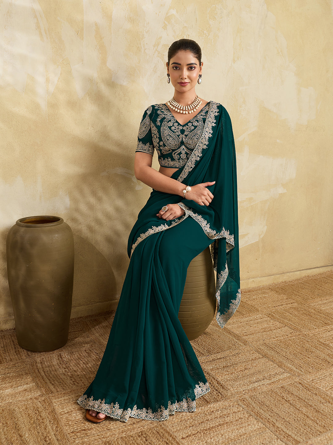 Rama Green Georgette Saree with Silver Zari Floral Embroidery and Matching Blouse