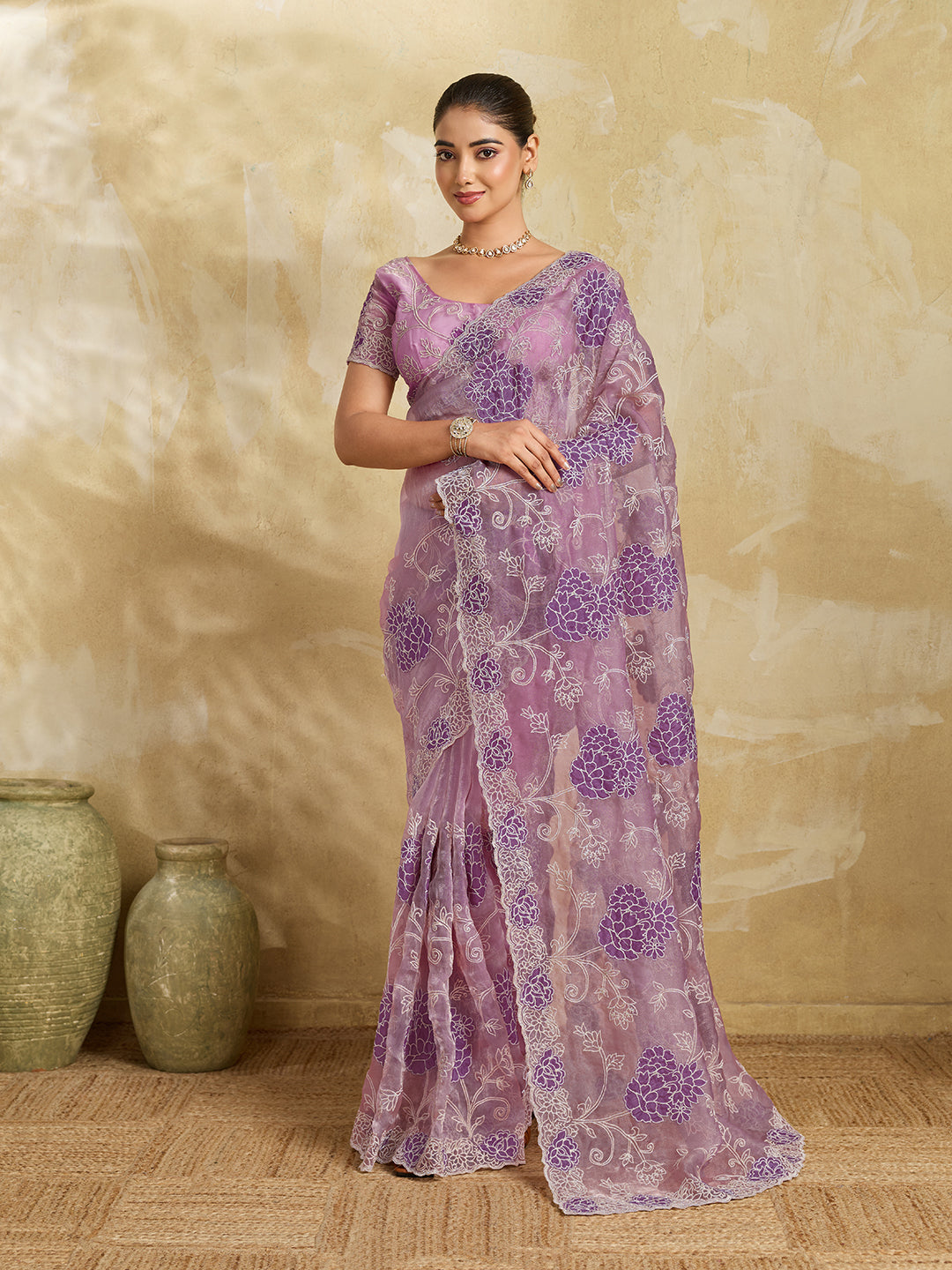 Lavender Organza Saree with Purple Floral Thread Embroidery