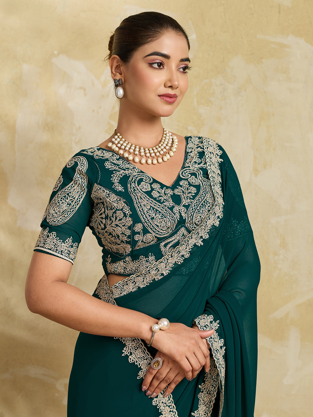 Rama Green Georgette Saree with Silver Zari Floral Embroidery and Matching Blouse
