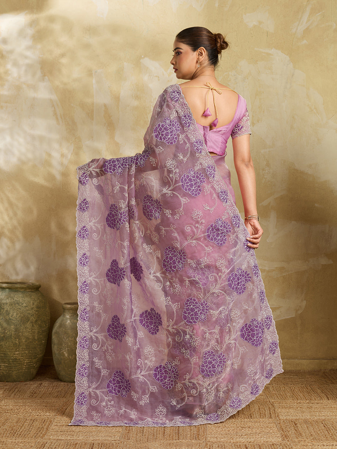 Lavender Organza Saree with Purple Floral Thread Embroidery