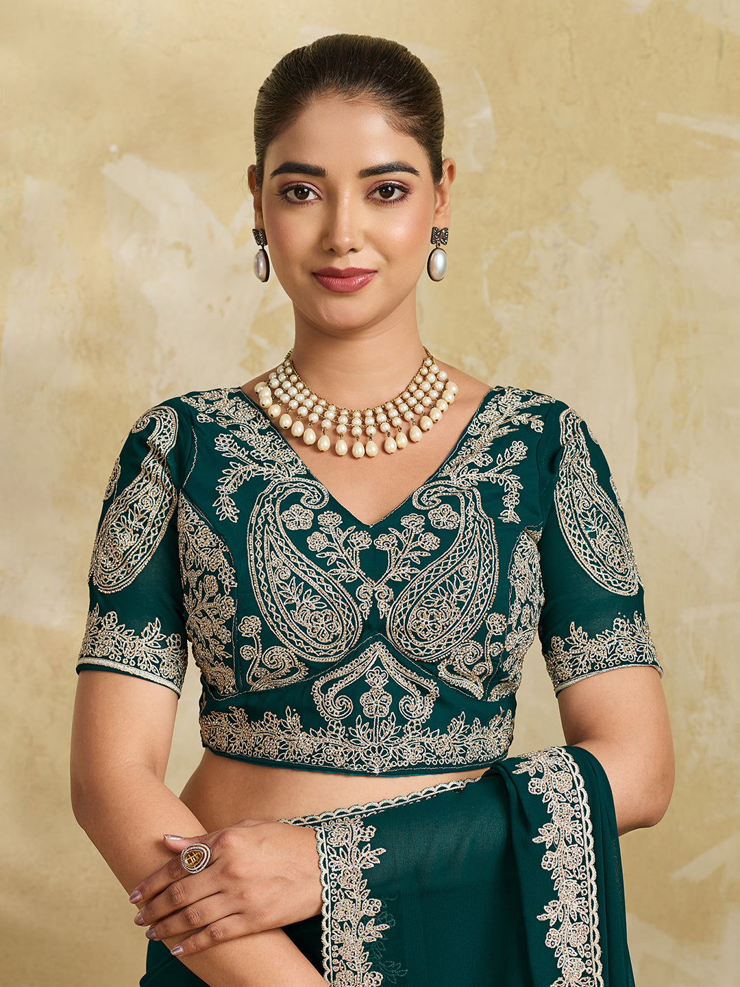 Rama Green Georgette Saree with Silver Zari Floral Embroidery and Matching Blouse