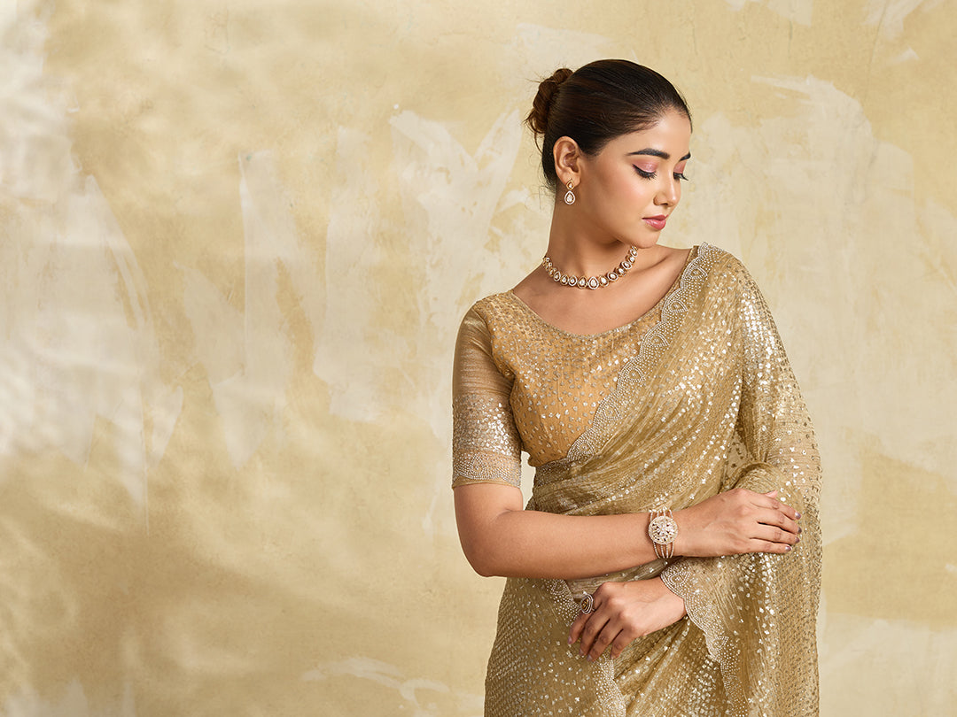 Gold Net Saree with Allover Sequin Mirror Embroidery