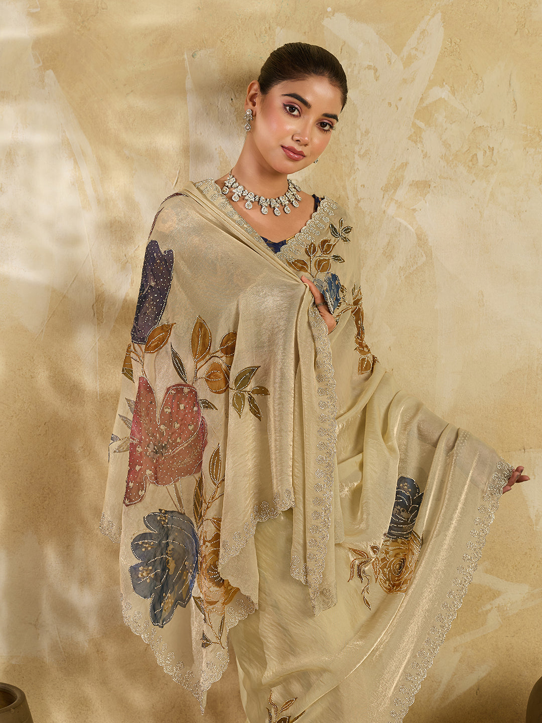 Beige Organza Saree with Digital Floral Print and Contrast Blouse