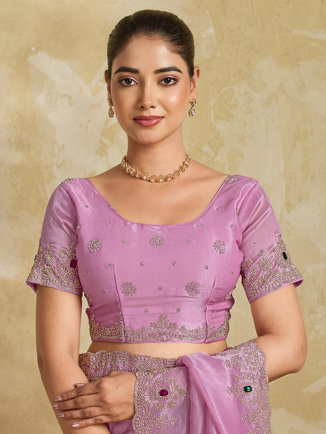 Lavender Pink Satin Saree with Multicolor Stone Embroidered Border