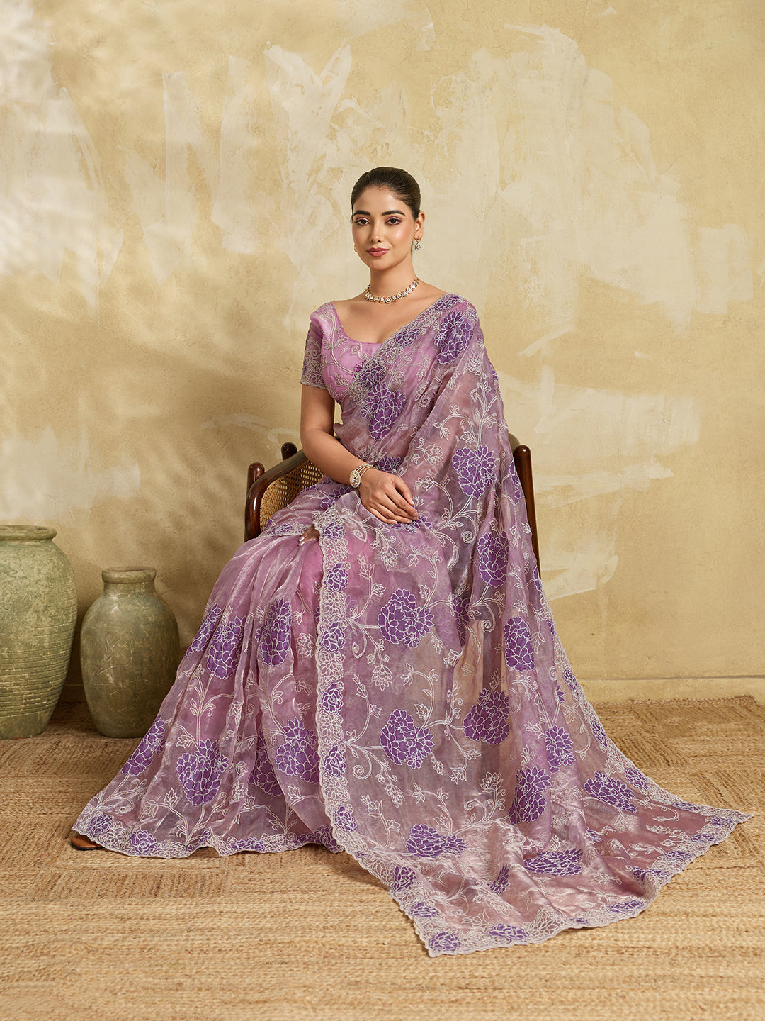 Lavender Organza Saree with Purple Floral Thread Embroidery