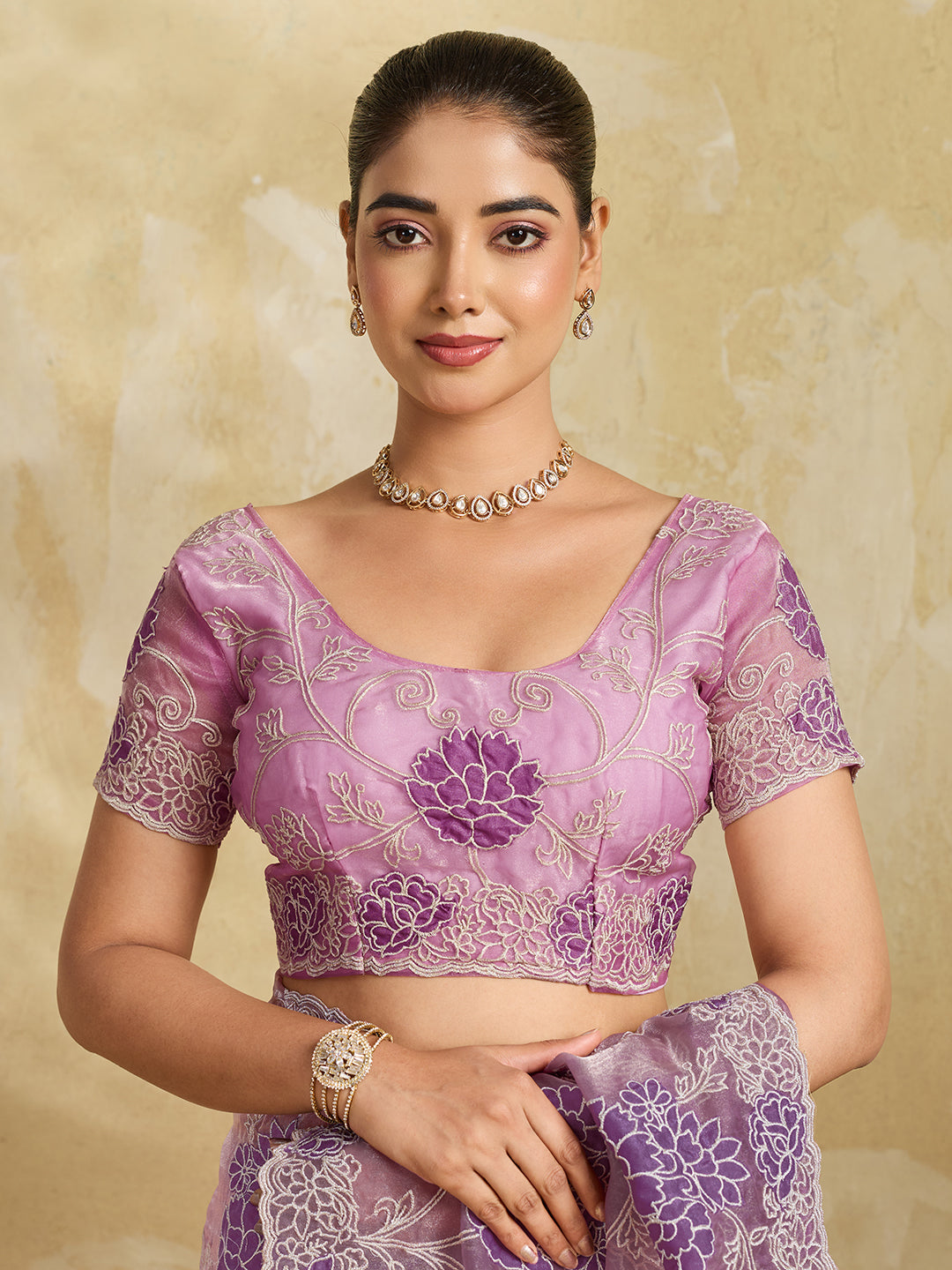 Lavender Organza Saree with Purple Floral Thread Embroidery