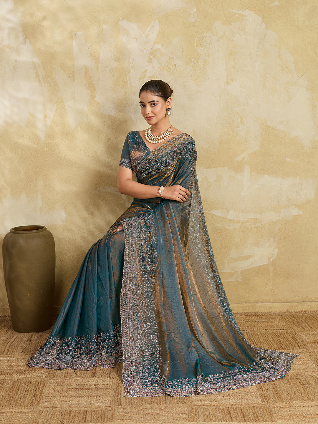 Teal Blue Shimmer Saree with Gold Sequin Embroidered Pallu