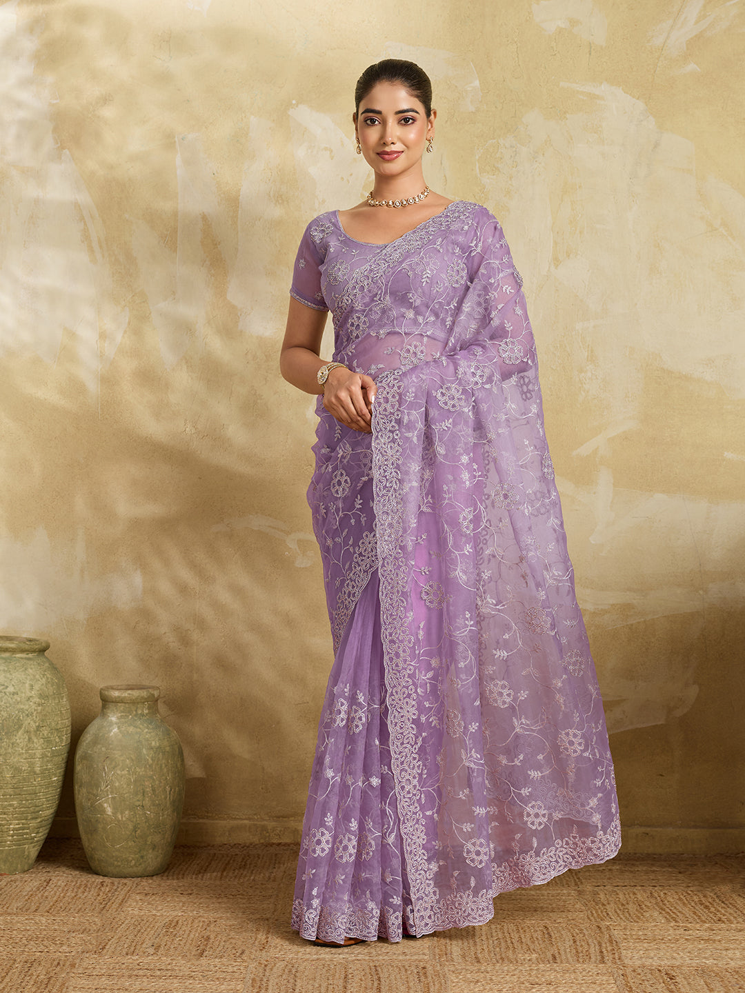 Lavender Net Saree with Silver Floral Thread Embroidery