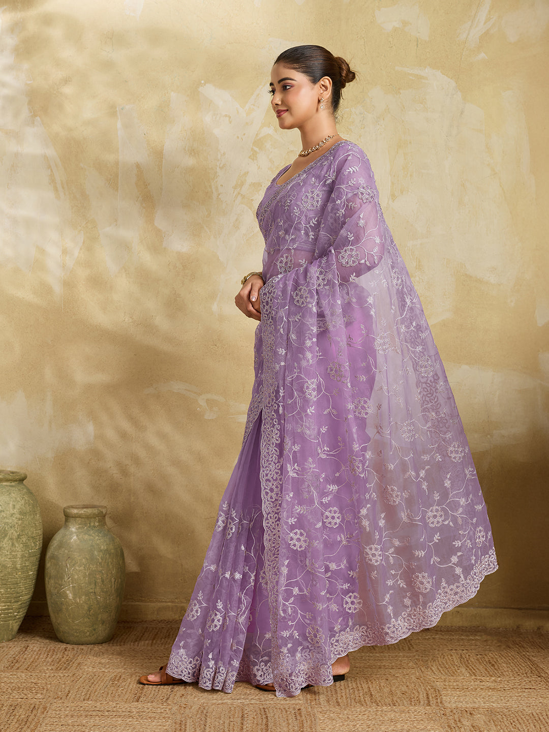 Lavender Net Saree with Silver Floral Thread Embroidery
