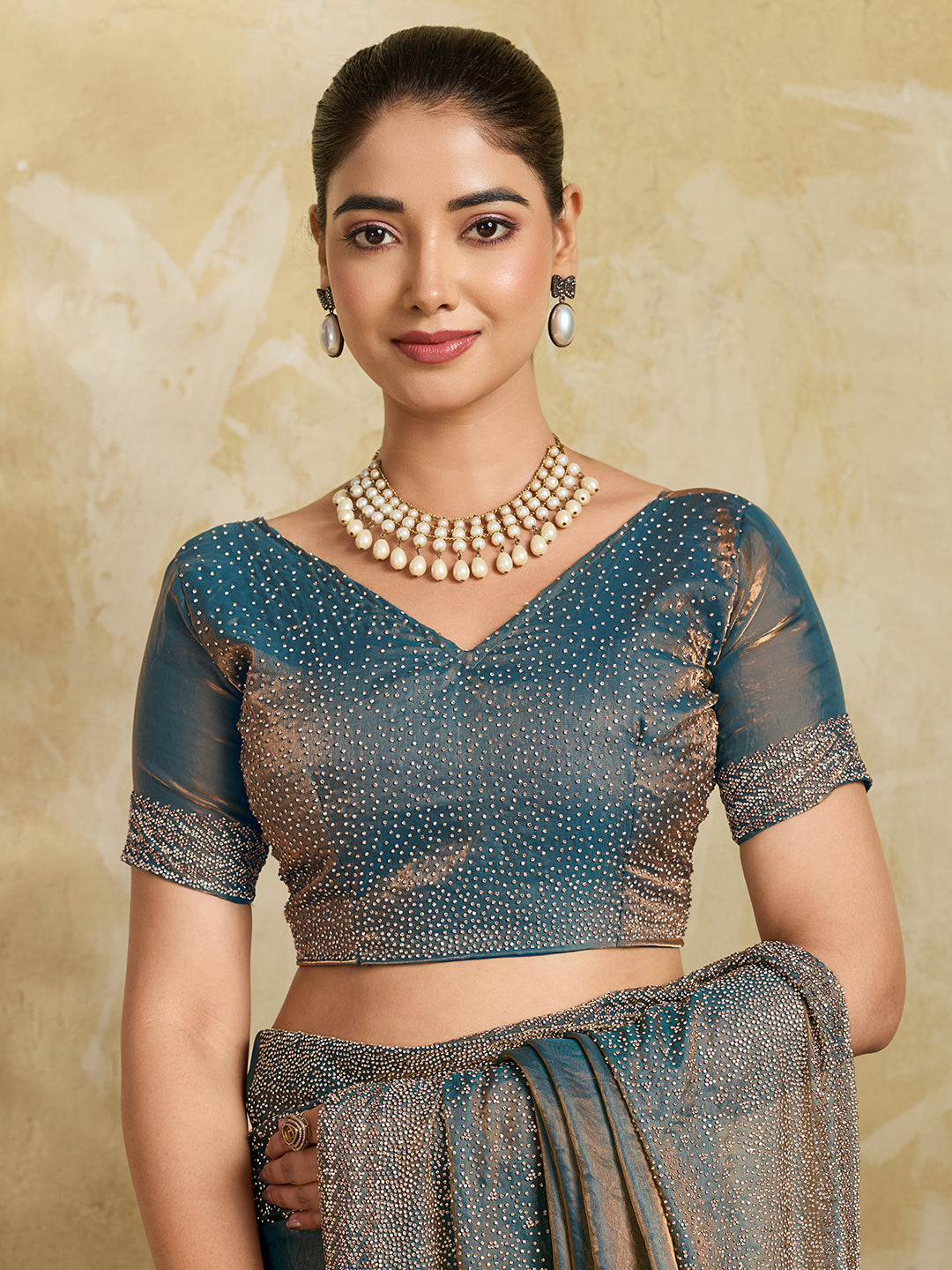Teal Blue Shimmer Saree with Gold Sequin Embroidered Pallu