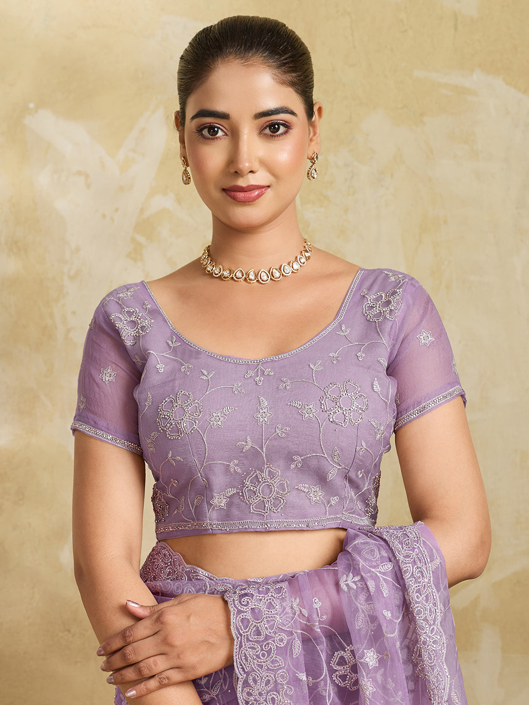 Lavender Net Saree with Silver Floral Thread Embroidery