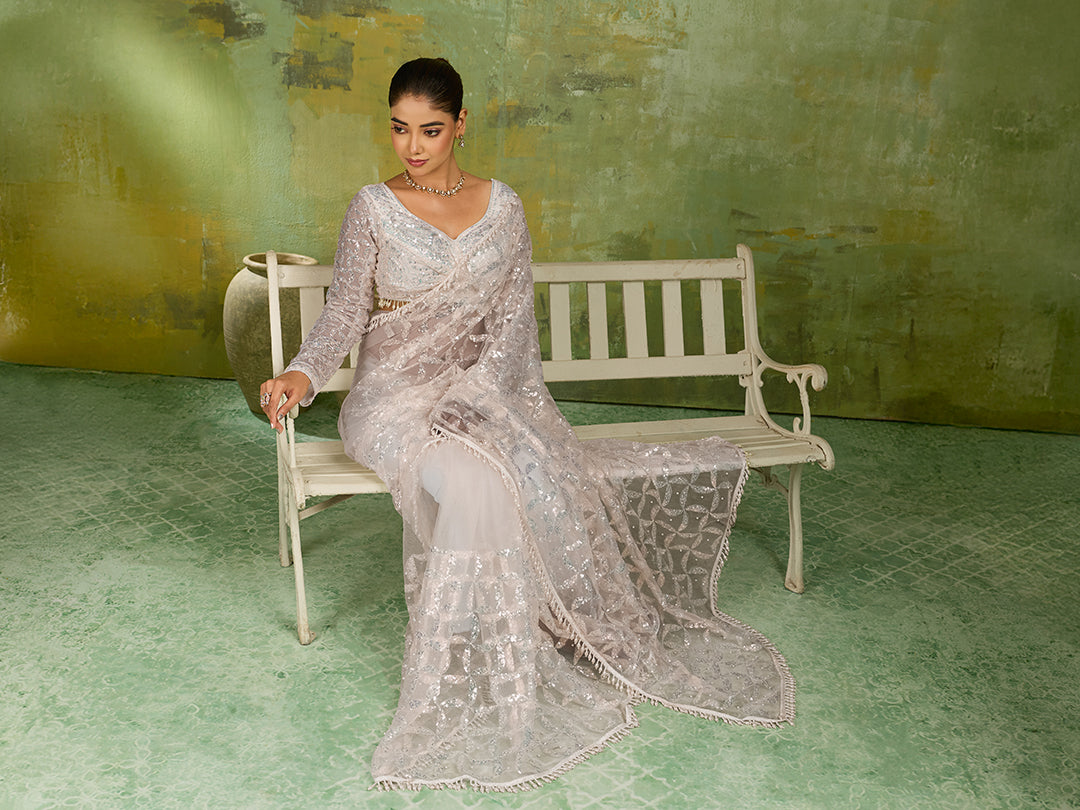 Off White Net Saree with Silver Sequin Geometric Embroidery