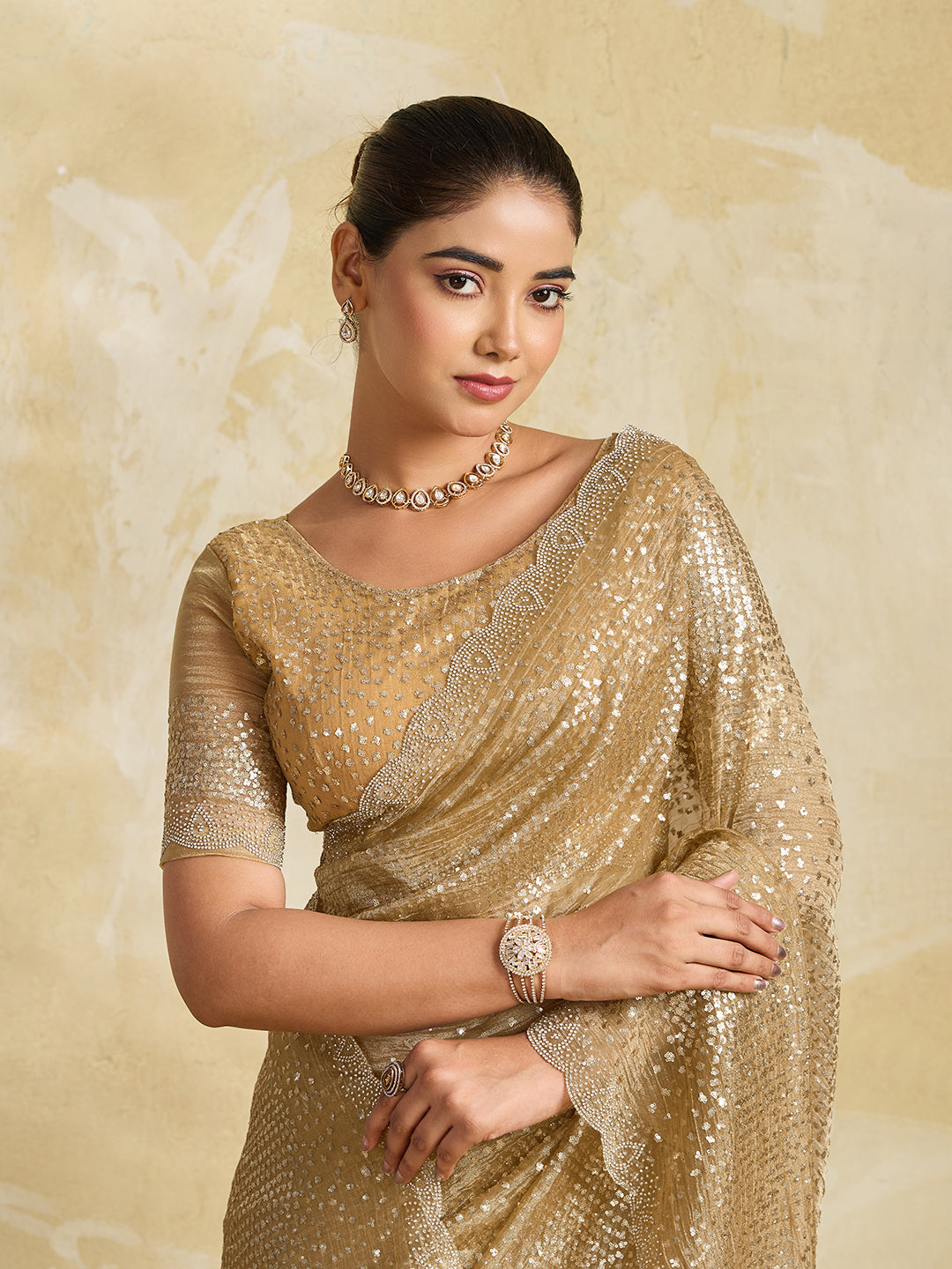 Gold Net Saree with Allover Sequin Mirror Embroidery