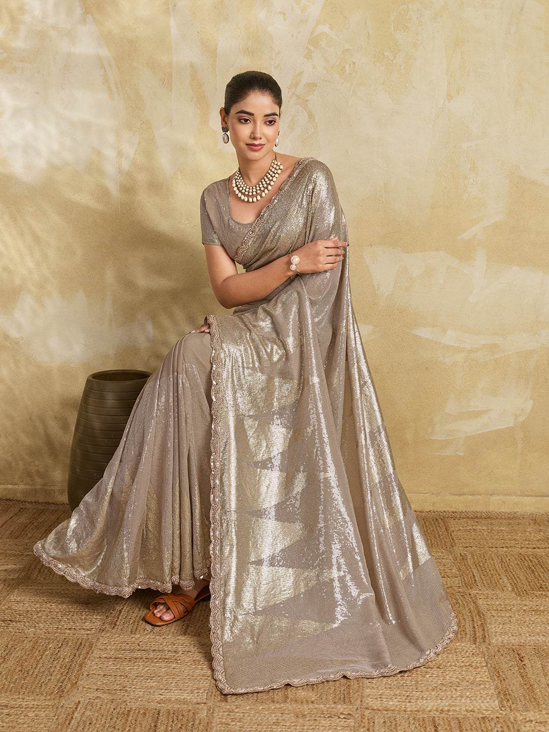 Champagne Shimmer Saree with Geometric Sequin Pattern