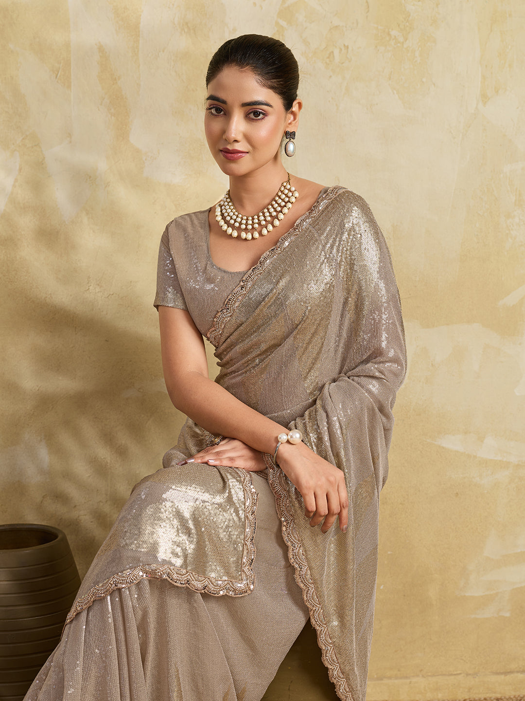 Champagne Shimmer Saree with Geometric Sequin Pattern