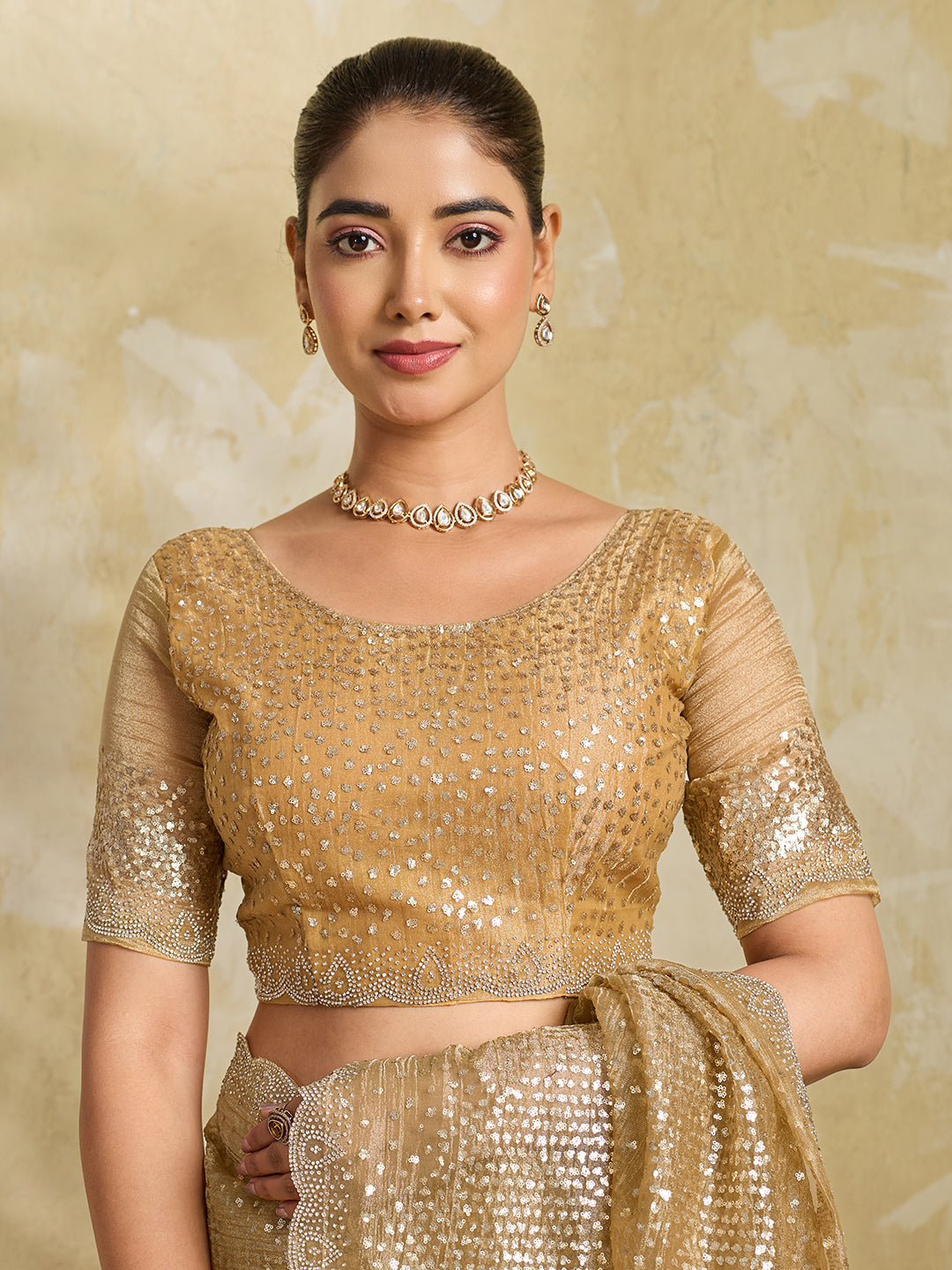 Gold Net Saree with Allover Sequin Mirror Embroidery