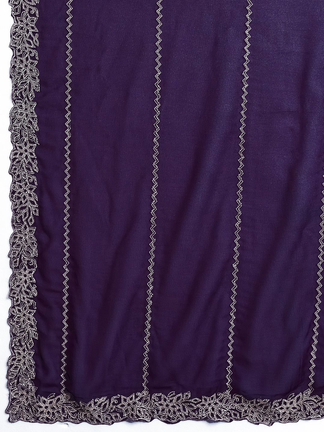 Deep Purple Chiffon Saree with Silver Zigzag Pleat Embroidery