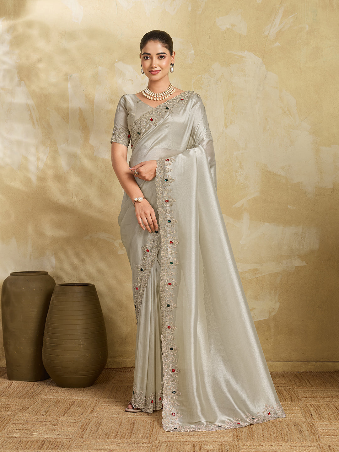 Champagne Satin Saree with Multicolor Stone Embroidered Border