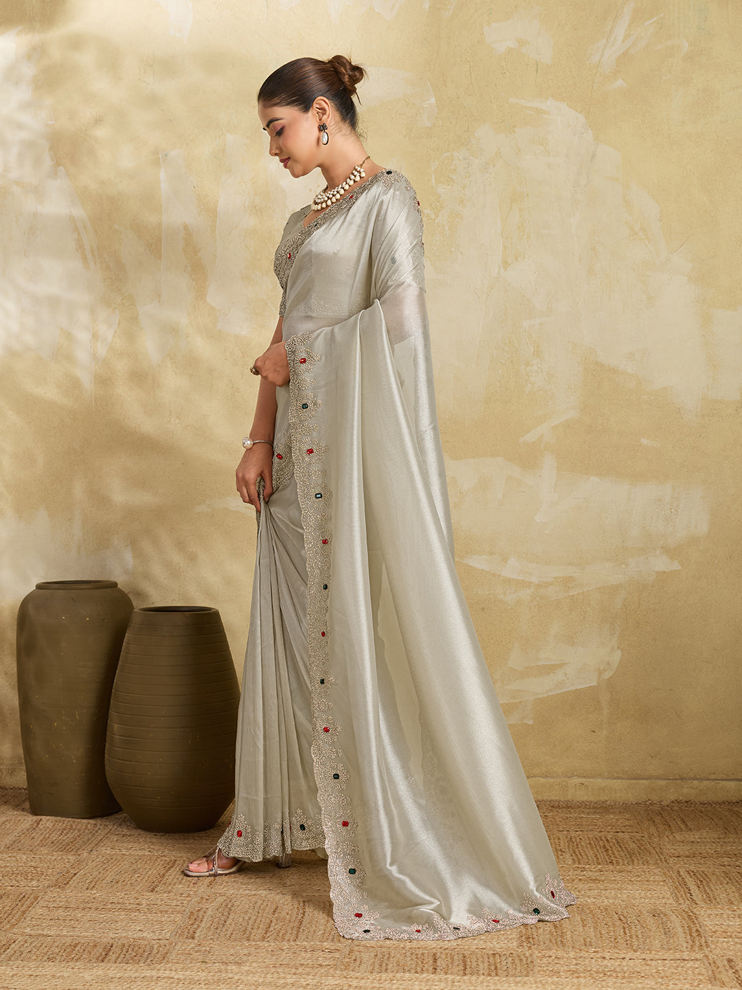 Champagne Satin Saree with Multicolor Stone Embroidered Border