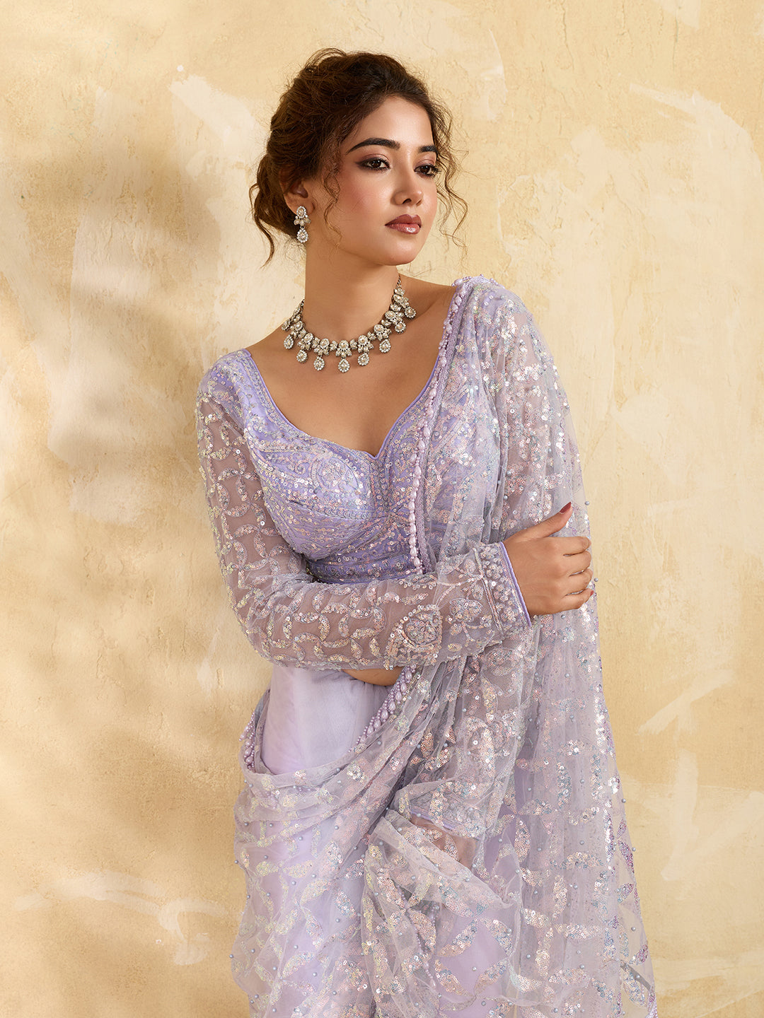 Mauve Net All-Over Sequin Embroidery Saree with Bead Drop Border