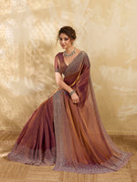 Dark Brown 2 Tone Satin gold & Brown stone work Saree with Matichng Blouse Piece