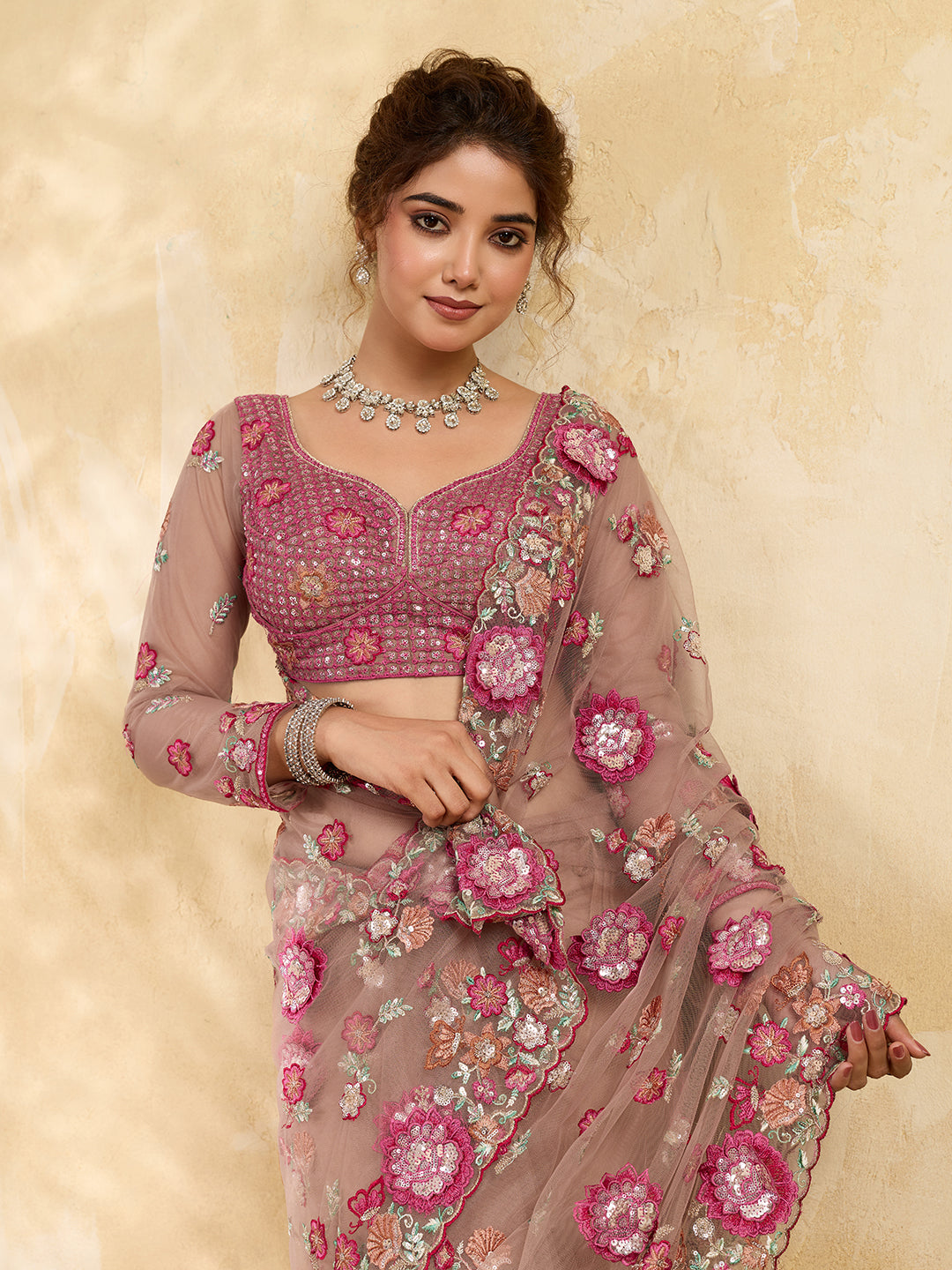 Beige Net 3D Floral Thread Embroidery Saree with Multicolor Garden Bouquet Work
