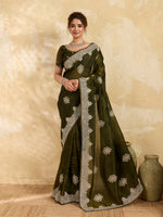 Olive Green Silk Embroidery & Stonework Saree with Matiching Blouse Piece