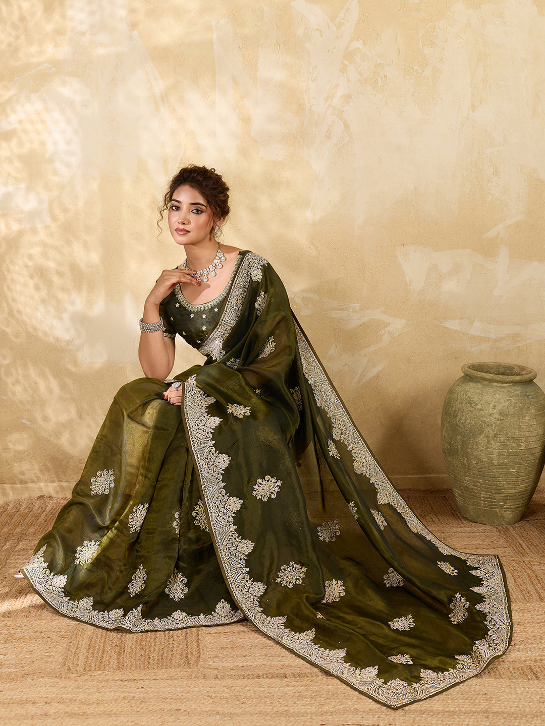 Olive Green Silk Embroidery & Stonework Saree with Matiching Blouse Piece