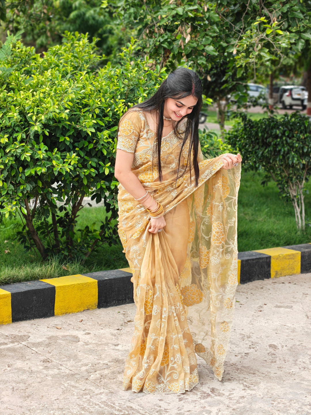 Mustard Yellow Tissue Applique Zari Floral Saree with Matching Blouse Piece